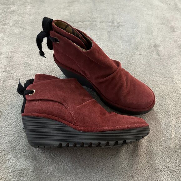Fly London Yebi Suede Ruched Ankle Boots Booties Women's 38 US 7.5 8 Burgundy - Picture 1 of 6